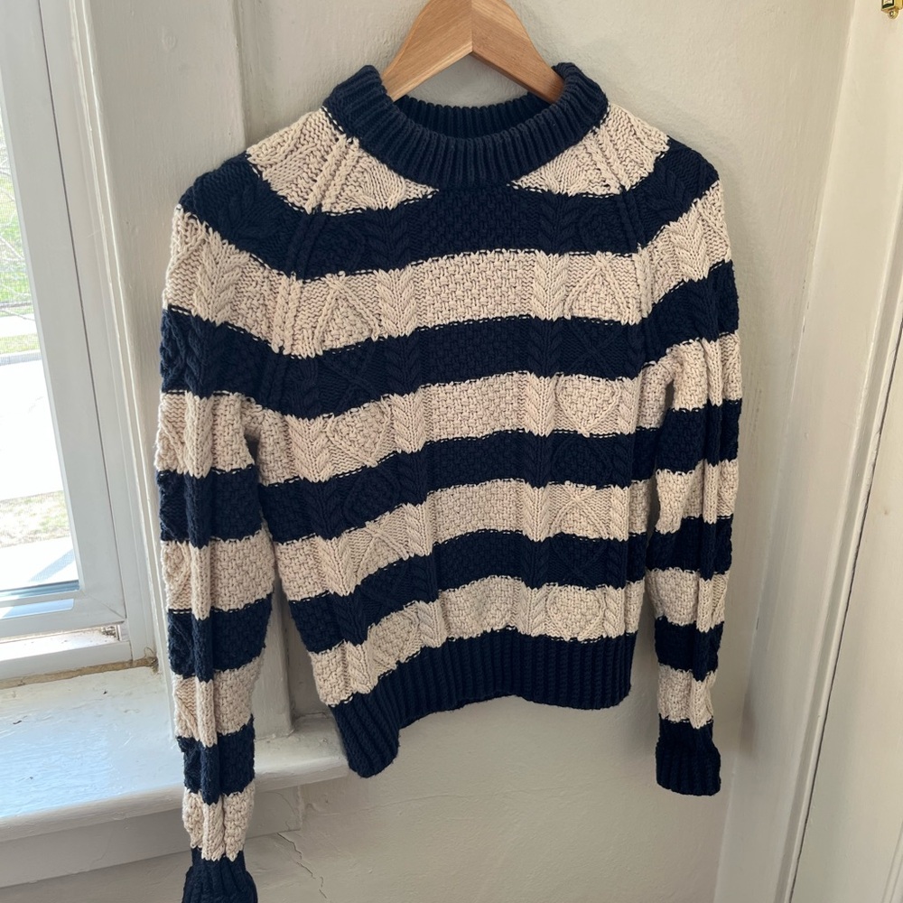 L.L. Bean Striped Cable-Knit Crew Sweater - Blue & Cream